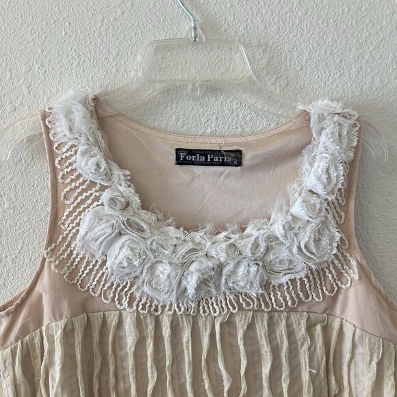 Forla Paris Women's Mini Dress Tan Floral Embellished Textured Shift Sz Sm Boho - Picture 3 of 16